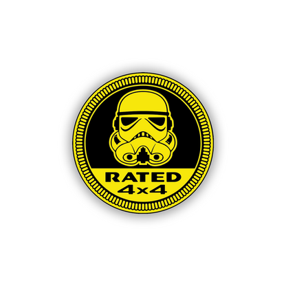 Rated 4x4 round automotive badge featuring a helmet design