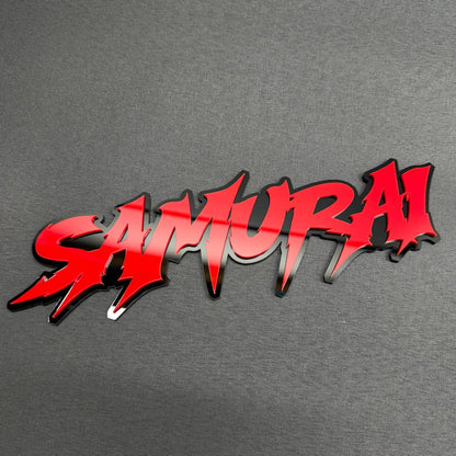 SAMURAI Japanese style car badge with red lettering and black background for JDM Toyota, Honda, Nissan and Acura cars