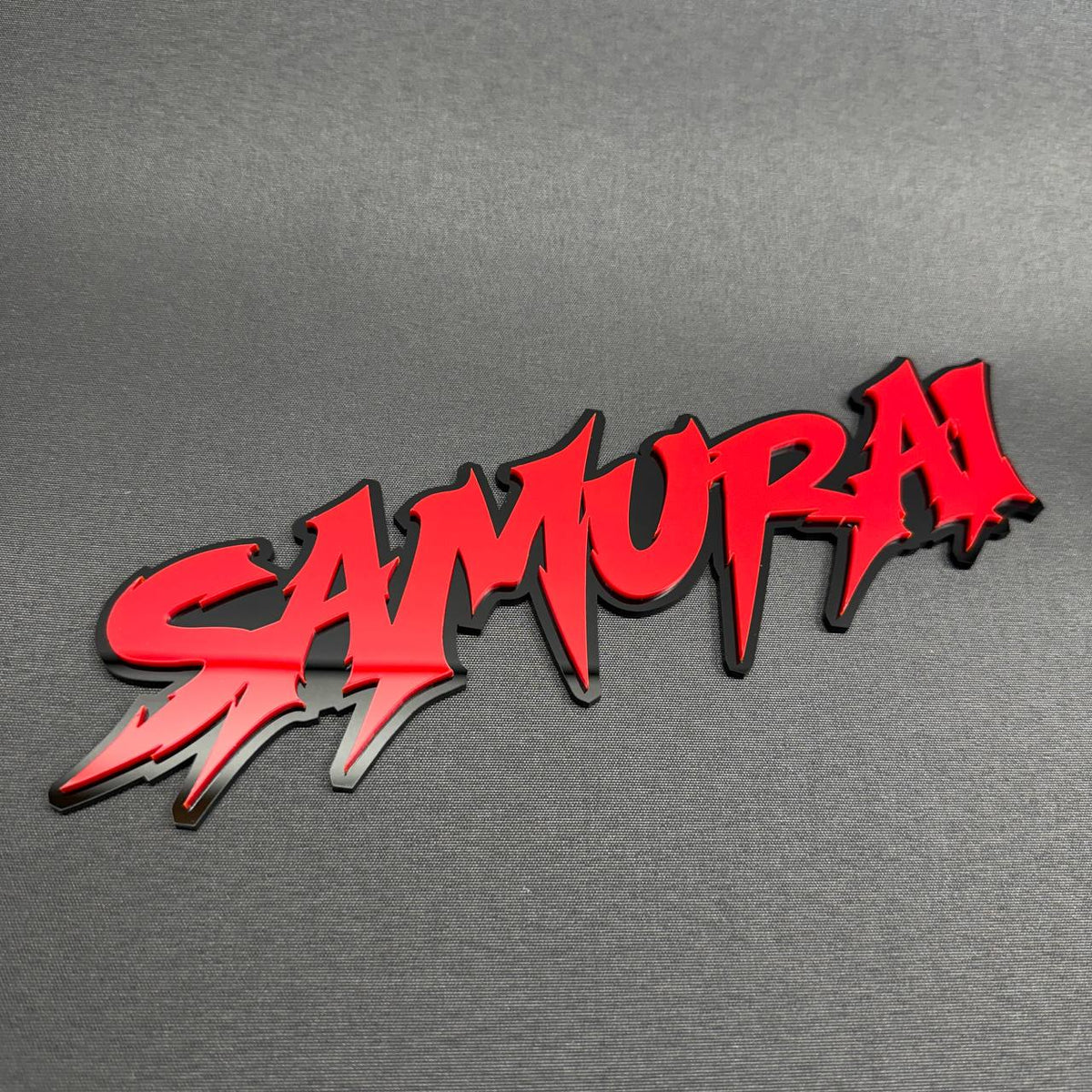 Custom SAMURAI text fender emblem automotive badge for Lexus, Toyota, Subaru, Mazda and Mitsubishi vehicle styling