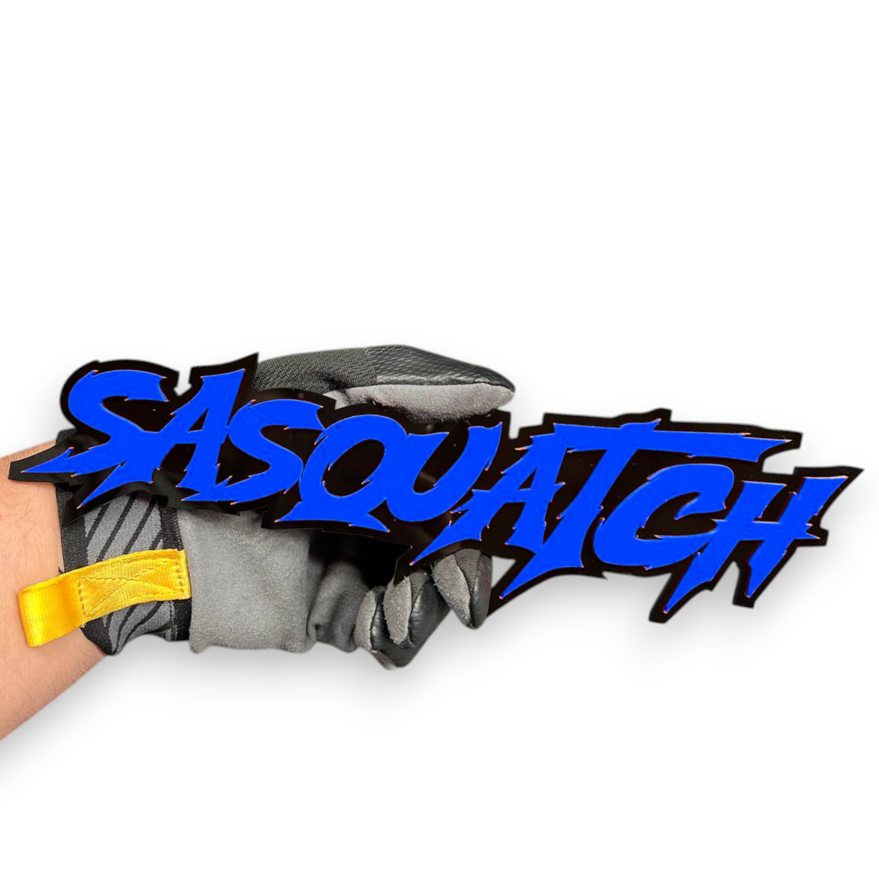 White Sasquatch script badge for offroad SUV and pickup truck accessory customization
