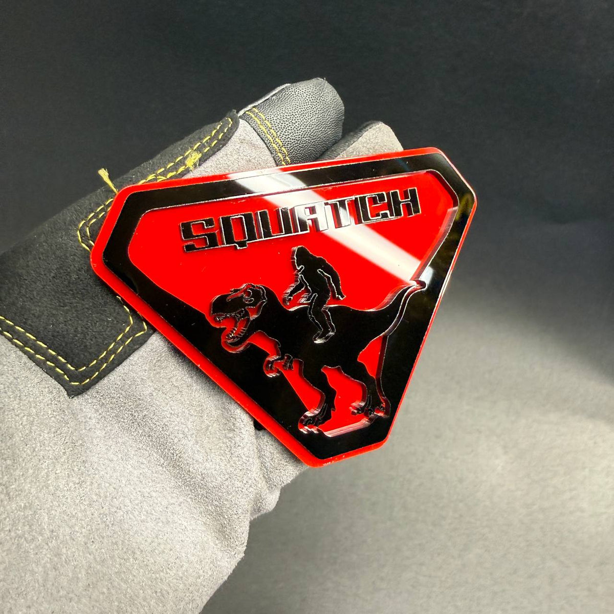 Sasquatch dinosaur 4x4 truck badge for Ford Bronco Jeep and off-road builds