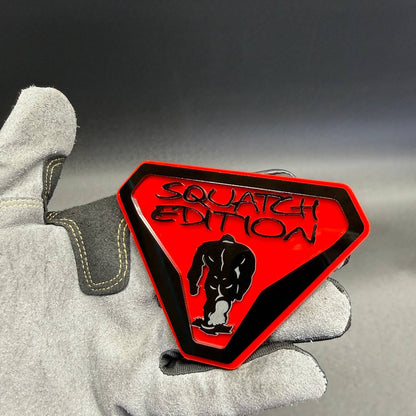 Sasquatch Edition off-road SUV car badge with black and red Bigfoot design
