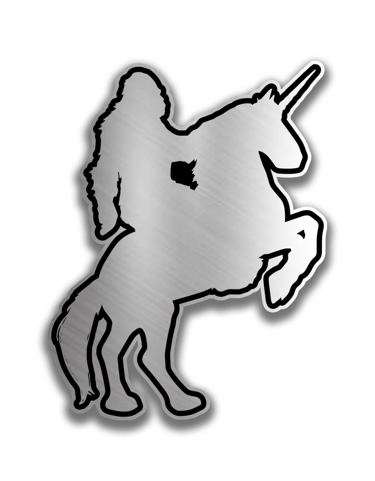 Sasquatch on horse engraved car badge with brushed silver finish and black outline for truck or SUV exterior.