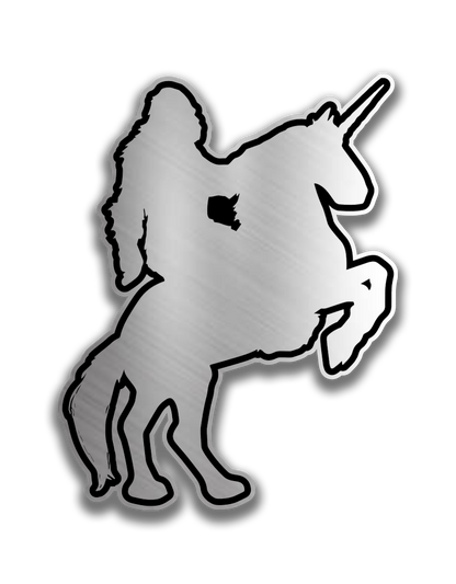 Sasquatch on horse engraved car badge with brushed silver finish and black outline for truck or SUV exterior.