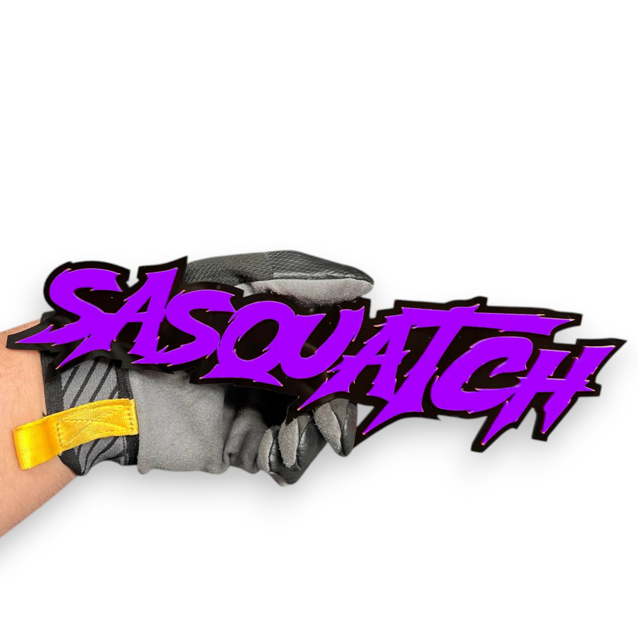 Sasquatch custom acrylic text badge mounted on offroad glove for truck fender styling