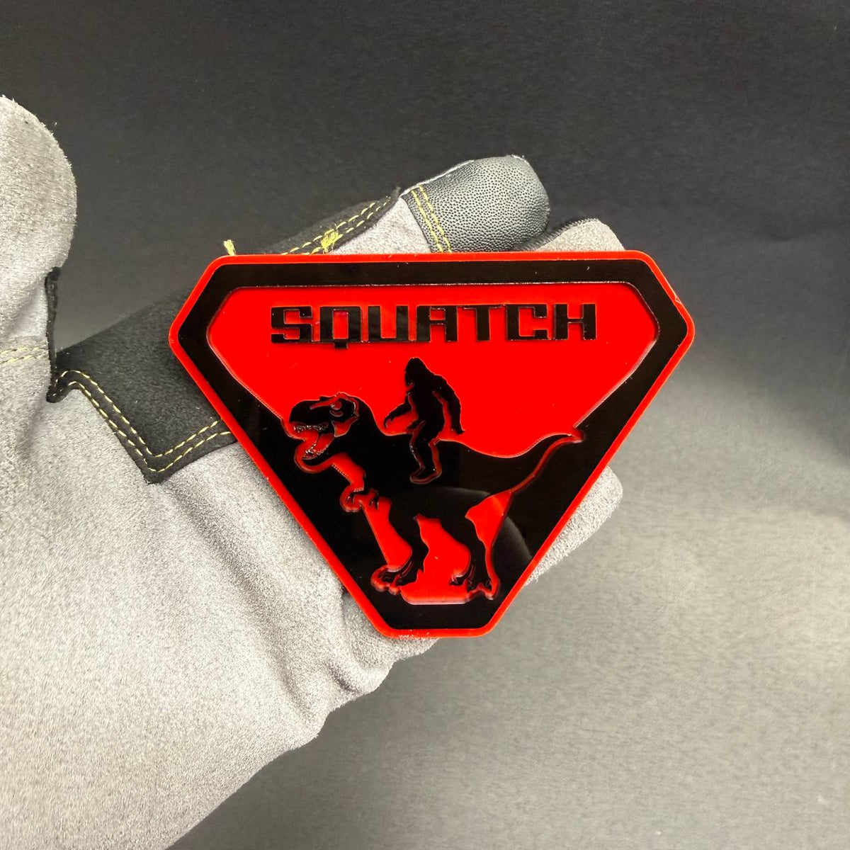 Sasquatch Raptor truck side emblem with Bigfoot and dinosaur off-road design