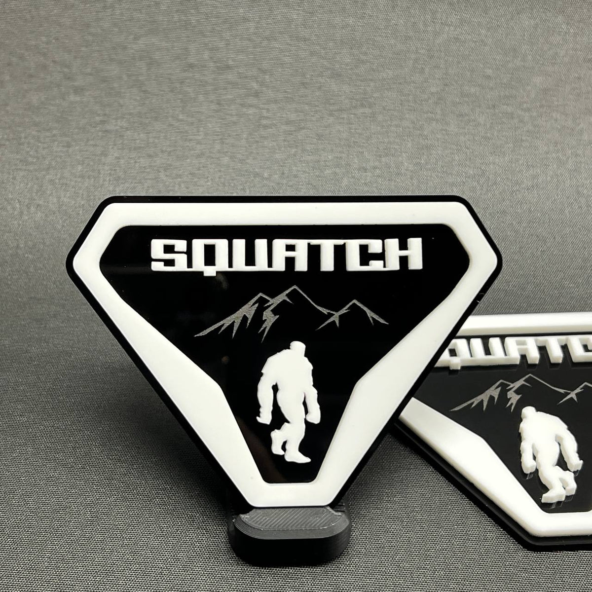 Custom Sasquatch car badge emblem with raised white details