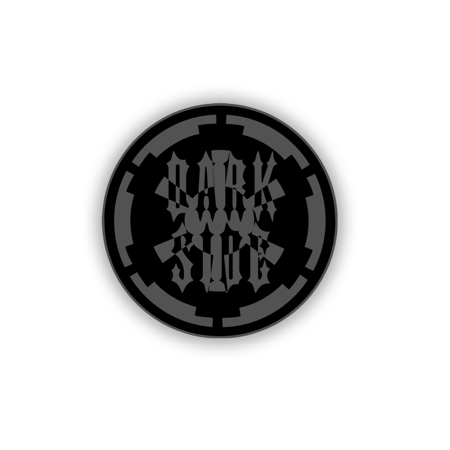 Dark Side metal-look fender emblem with engraved black artwork