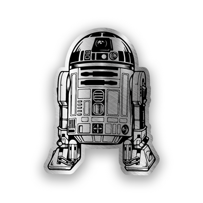 R2-D2 inspired engraved car badge with detailed sci fi droid design
