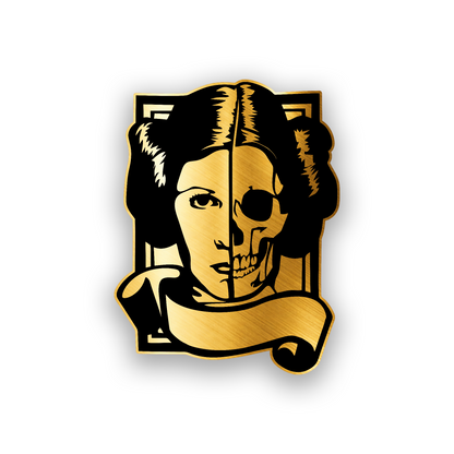 Sci fi princess automotive badge with detailed split face skull engraving