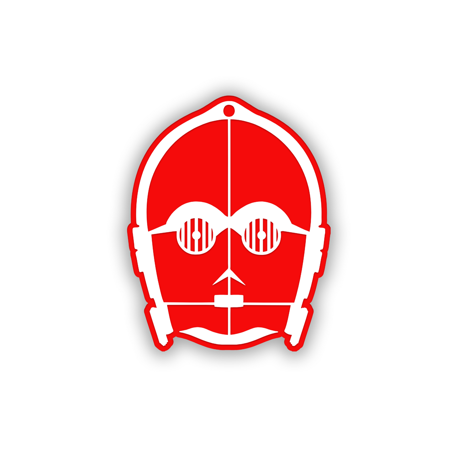 C3PO-inspired automotive badge with black engraving and silver finish