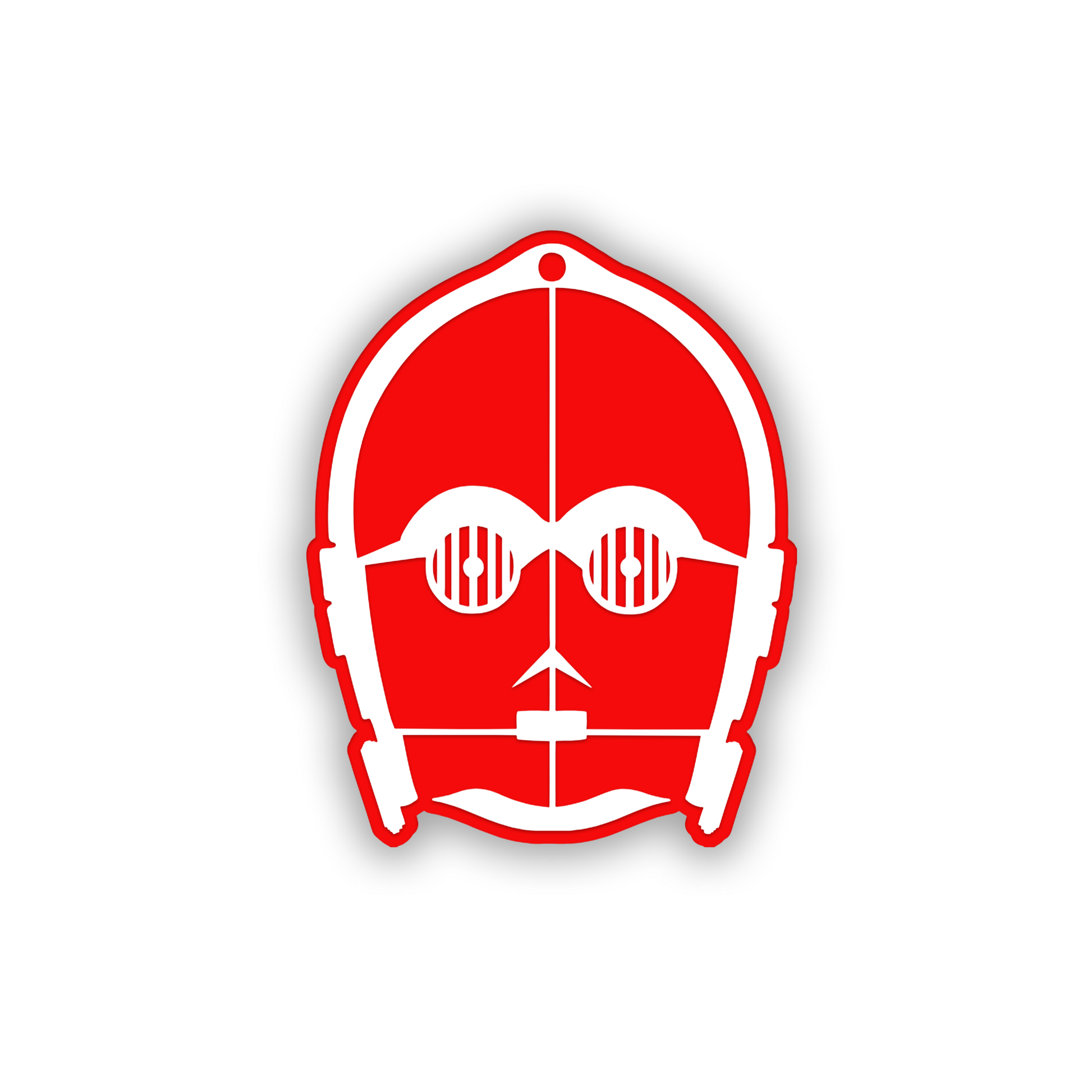 C3PO-inspired automotive badge with black engraving and silver finish