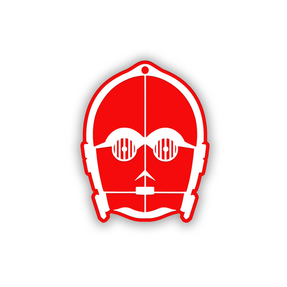 C3PO-inspired automotive badge with black engraving and silver finish