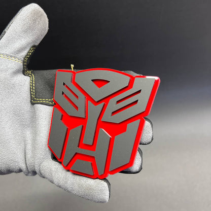 Red and silver robot shield fender emblem for custom auto exterior styling