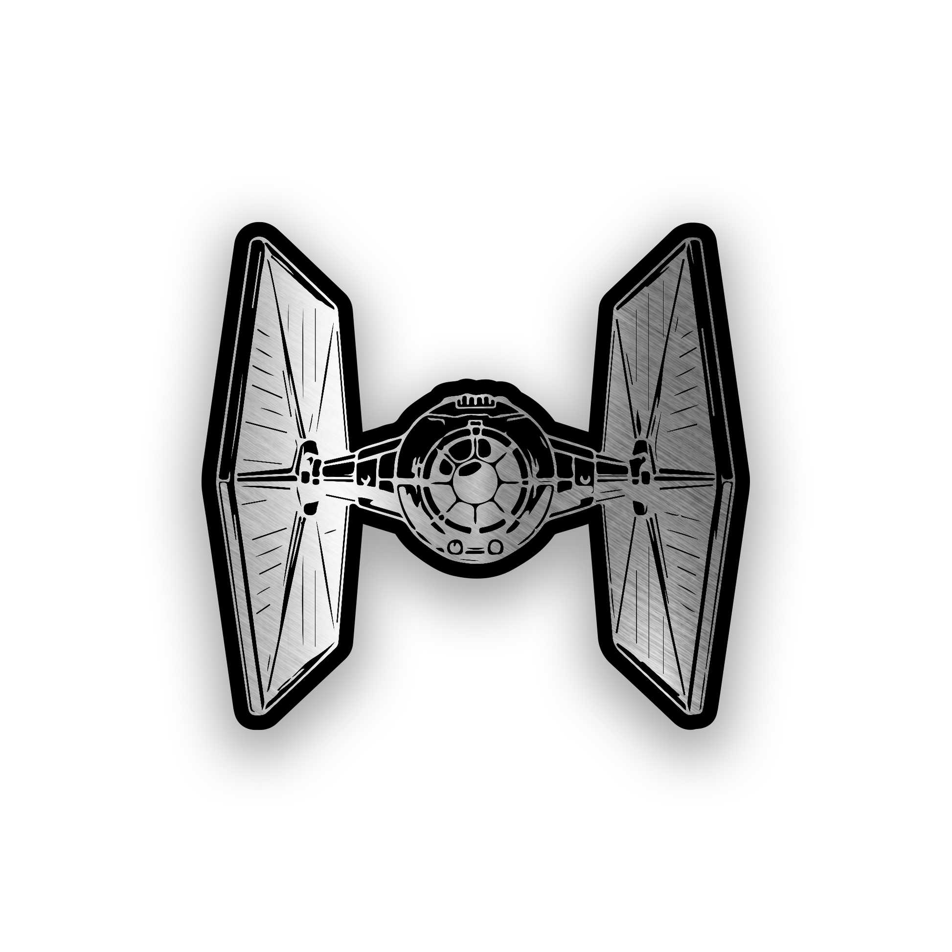 TIE fighter inspired engraved car badge with detailed sci fi starship design