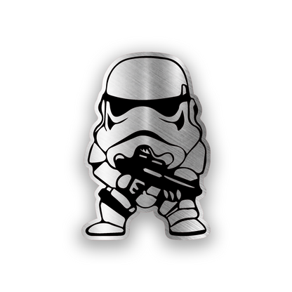 Stormtrooper inspired engraved car badge with bold sci fi helmet emblem design