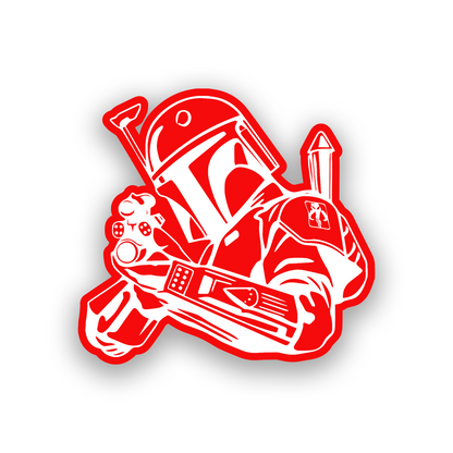 Galactic bounty hunter inspired car badge with precision engraved helmet artwork