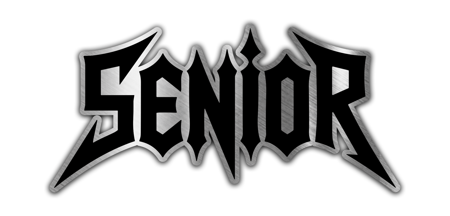 Senior engraved car badge fender emblem with silver metal style lettering on black background