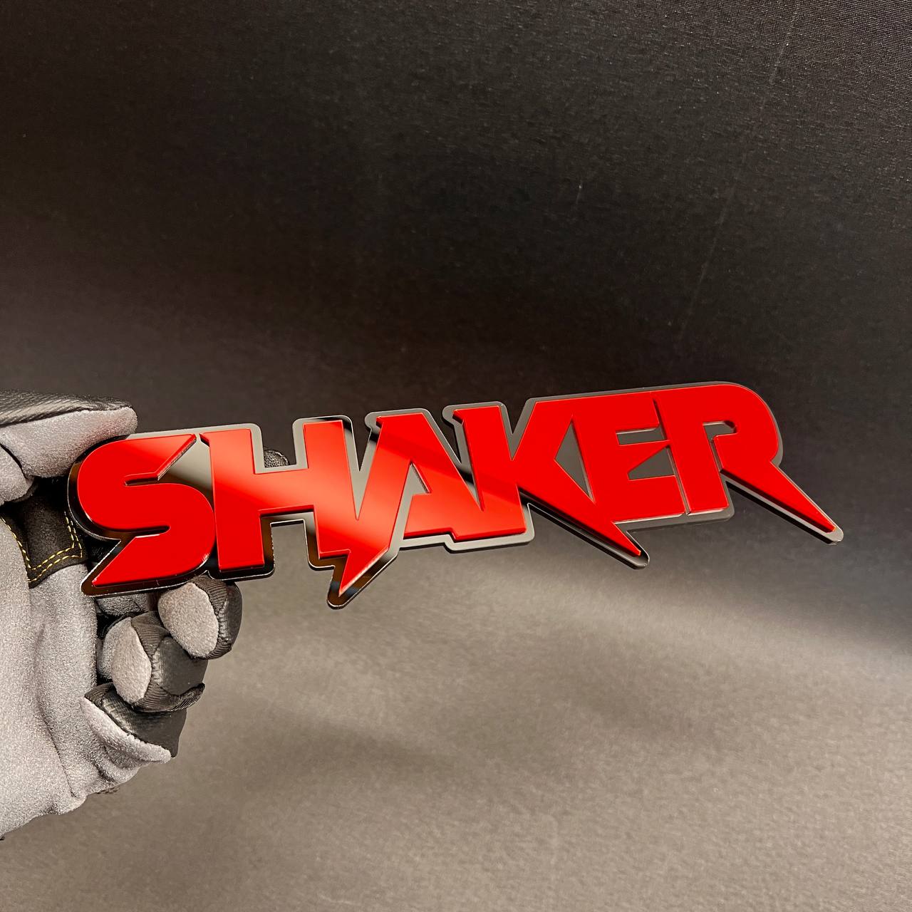 Custom SHAKER text badge for car, truck, SUV, or muscle car exterior.