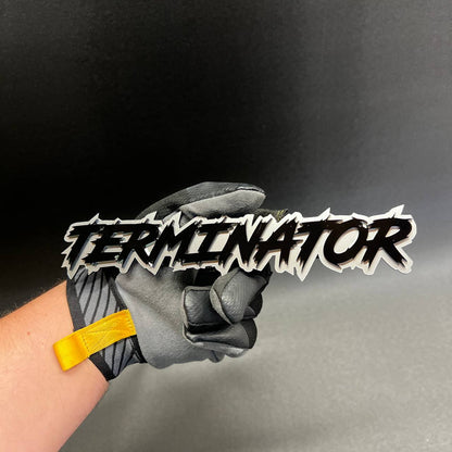 Custom automotive text badge featuring TERMINATOR wording in aggressive performance inspired typography