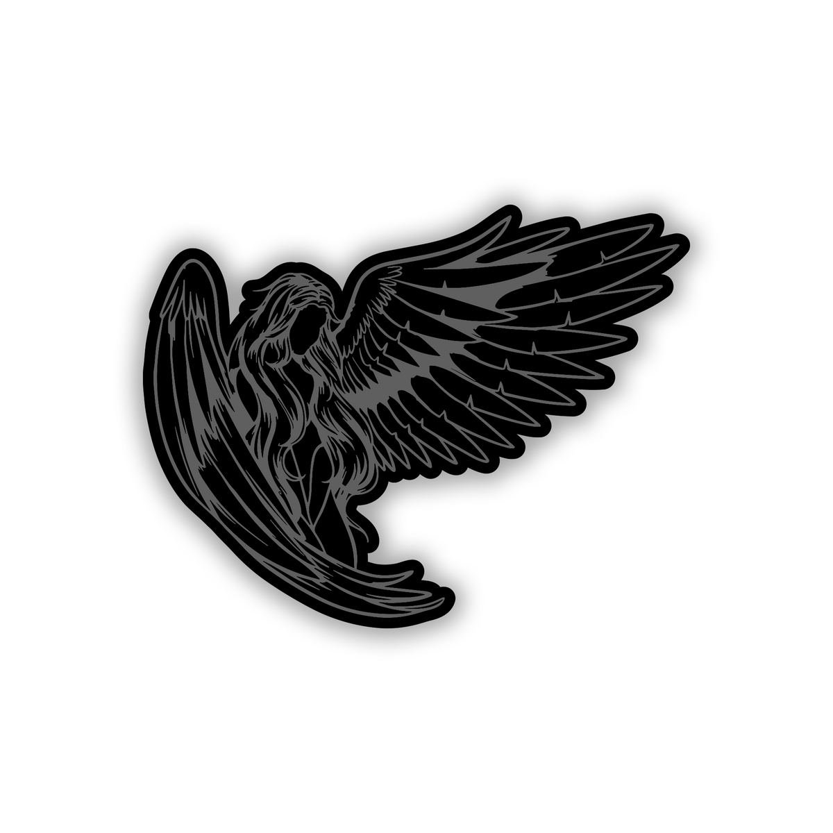 Silver angel wing car emblem badge with detailed black engraving