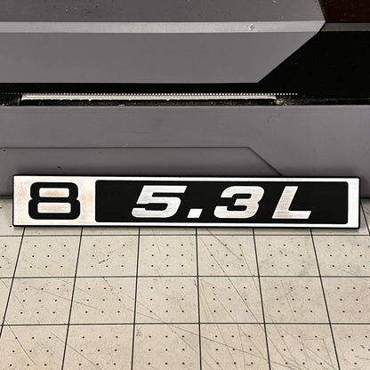 1967-1972 C10 truck 5.3L fender badge in brushed silver billet and black design.