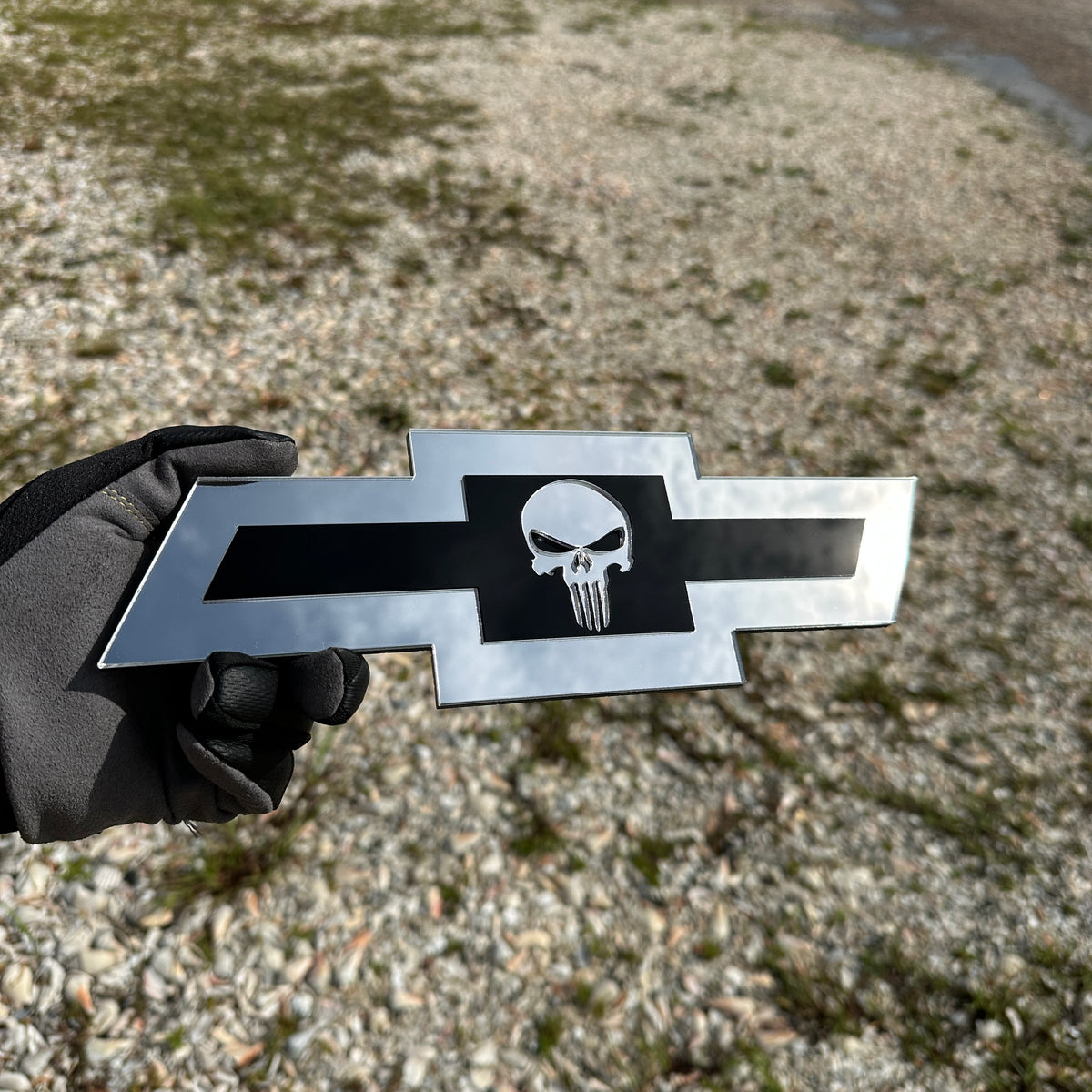 Chevy Bowtie Punisher Skull car badge in silver and black finish
