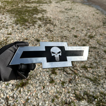Chevy Bowtie Punisher Skull car badge in silver and black finish