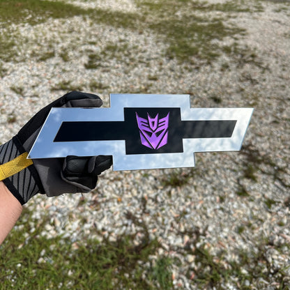 Chevy Bowtie car badge with mirror purple Decepticon emblem and silver finish