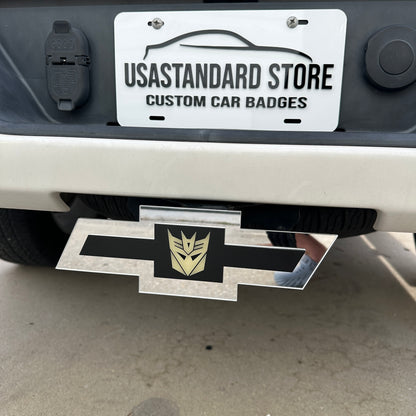 Silver Bowtie Chevrolet hitch emblem with Decepticon logo for custom rear styling