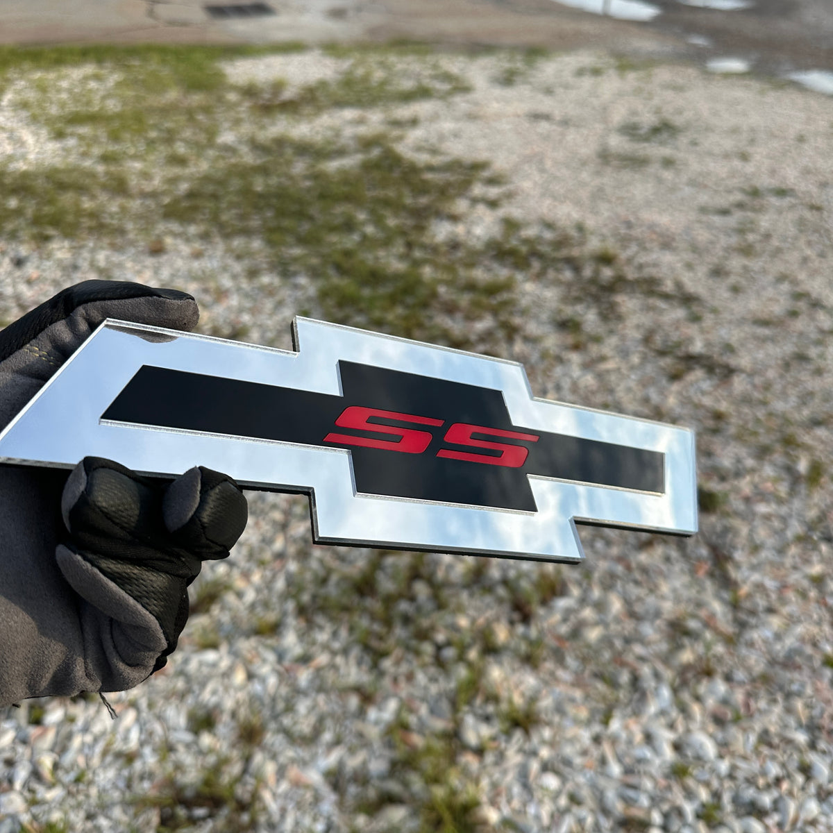 Silver black red Chevy Bowtie SS badge with sleek layered look
