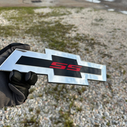 Silver black red Chevy Bowtie SS badge with sleek layered look