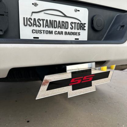 Chevy SS trailer hitch cover with Bowtie emblem and red SS center detail
