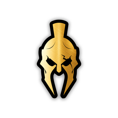 Brushed silver Spartan car badge with detailed warrior helmet design