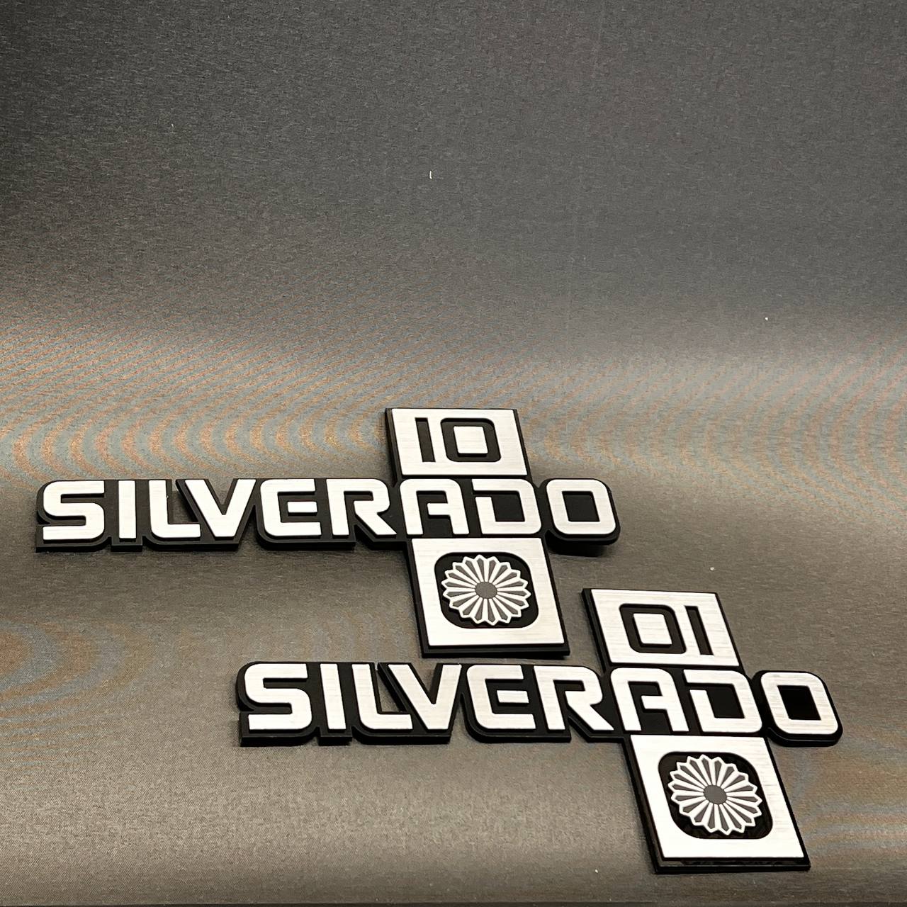 Silverado inspired car badge fender emblem with black base and white top layer