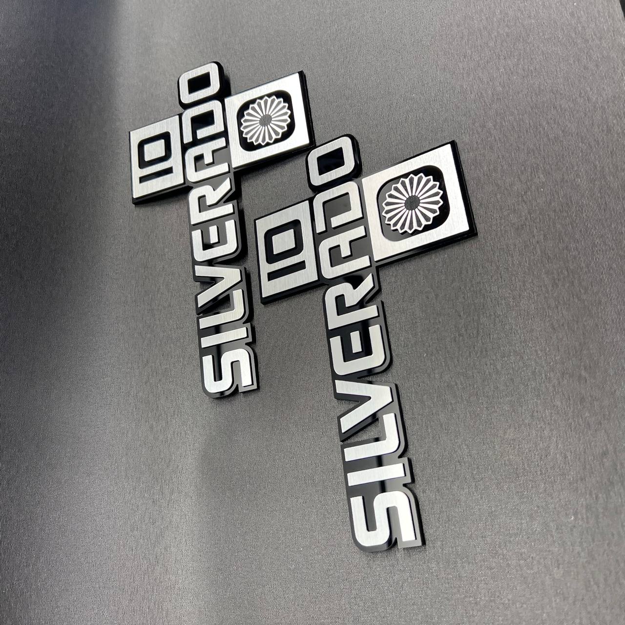 Silverado 10 fender text badge in silver and matte black