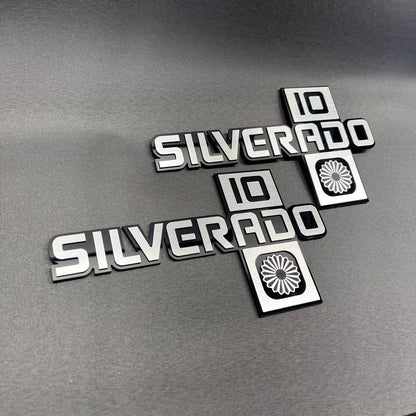Silverado 10 fender text badge in silver and matte black