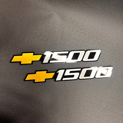 Custom Chevy 1500 door nameplate emblems with black base and raised design