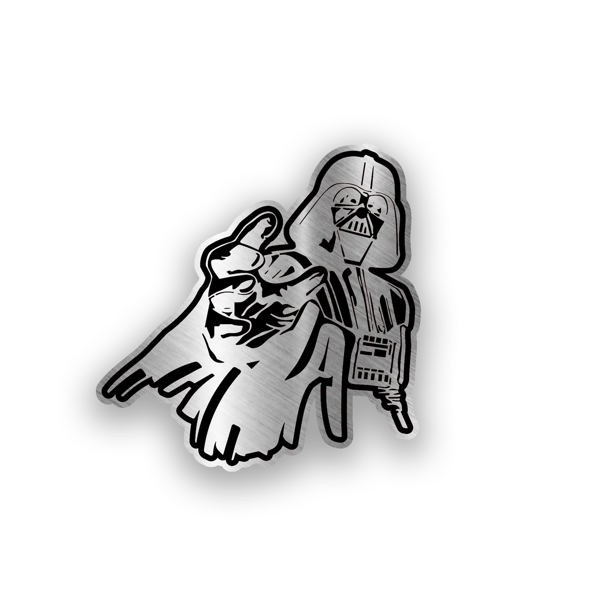 Star Wars inspired engraved car badge featuring a Darth Vader style character design