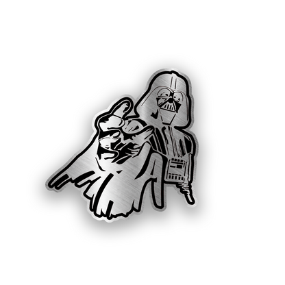 Star Wars inspired engraved car badge featuring a Darth Vader style character design