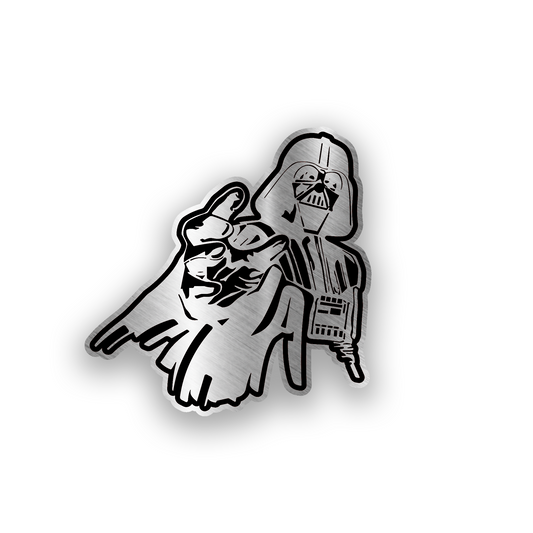 Star Wars inspired engraved car badge featuring a Darth Vader style character design