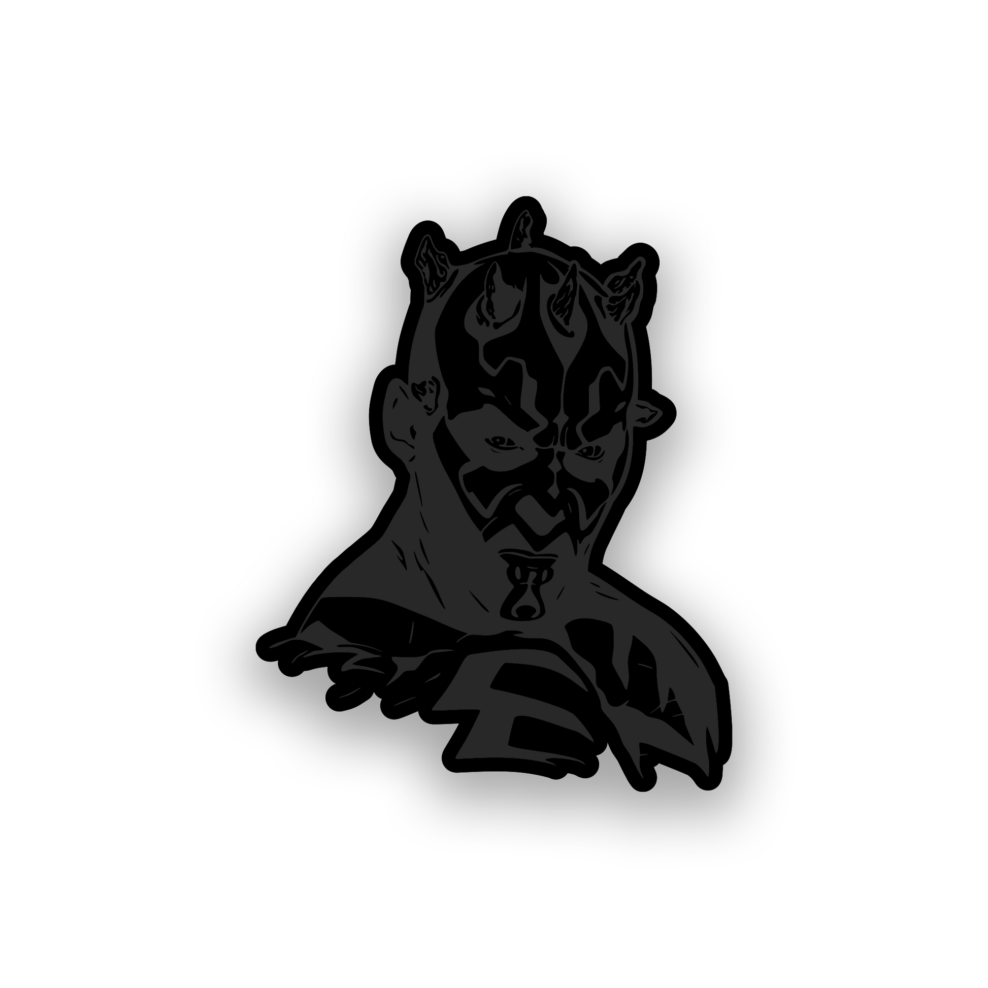 Custom car badge with Darth Maul inspired face artwork in a clean engraved style