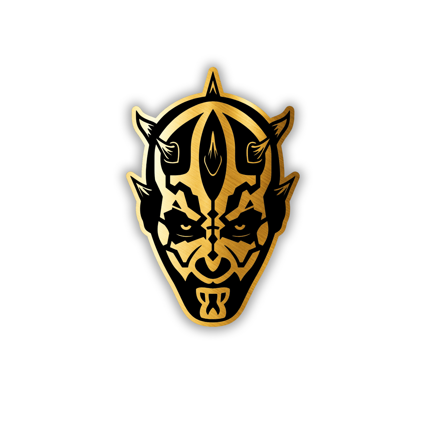 Detailed villain-inspired automotive emblem with an engraved metallic finish