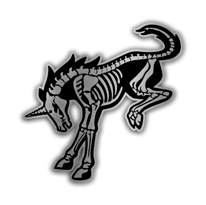 Skeleton pony engraved car badge fender emblem with brushed silver finish and black detail.