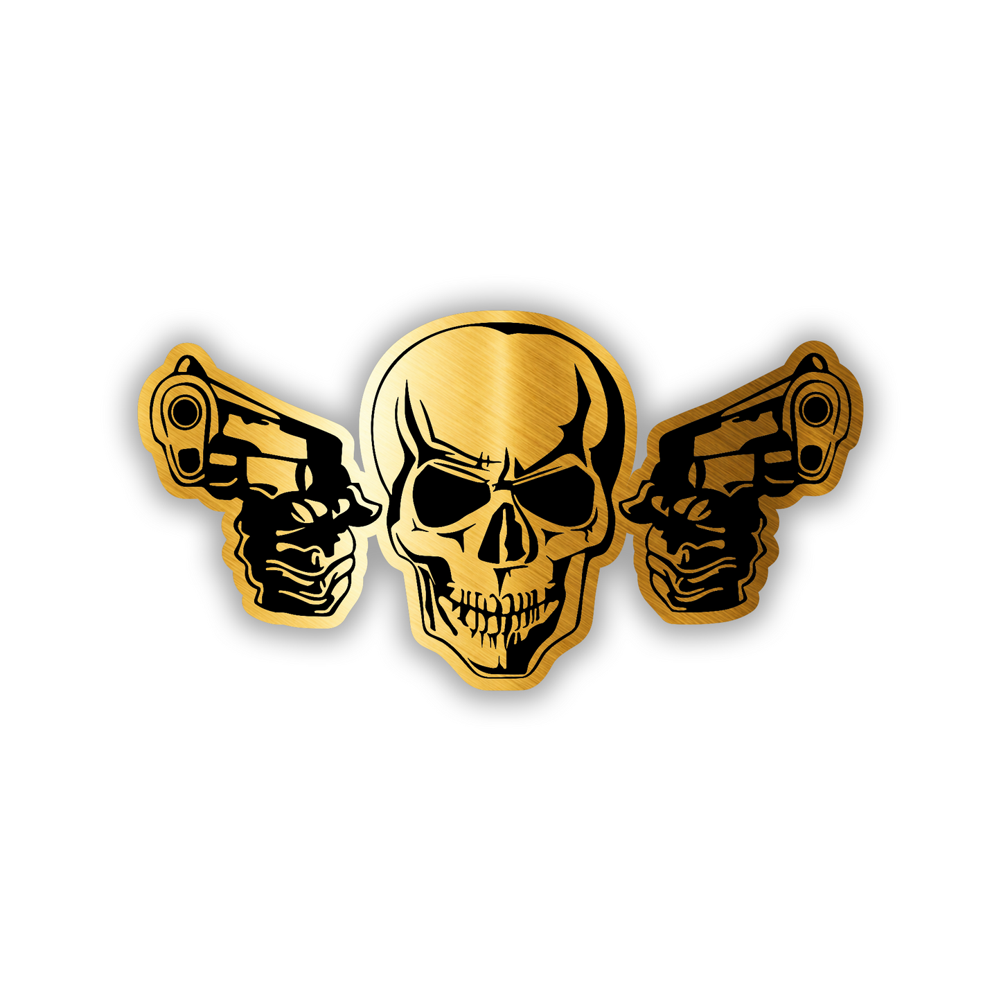Engraved skull pistols car badge with brushed silver and black detailing