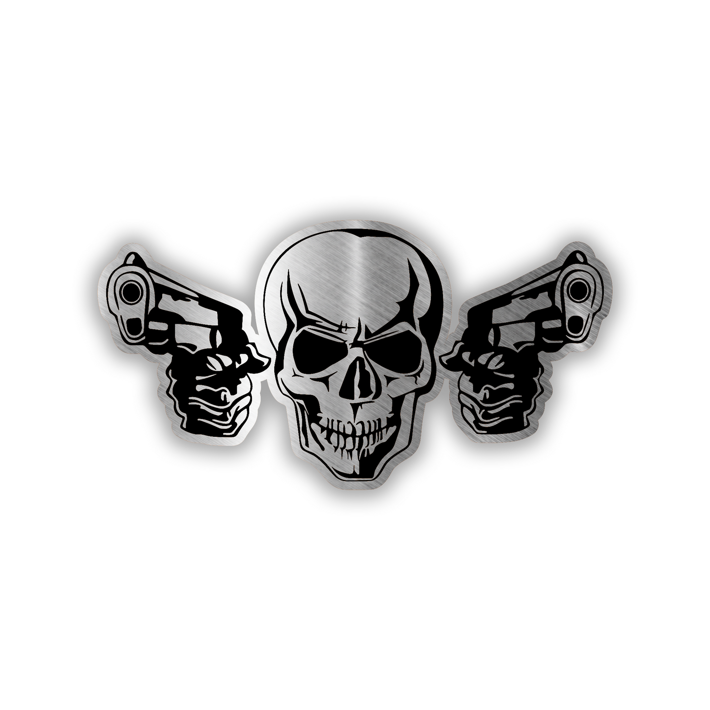 ARMED SKULL engraved car badge fender emblem with skull and dual pistols design