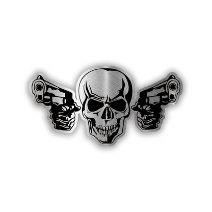 ARMED SKULL engraved car badge fender emblem with skull and dual pistols design
