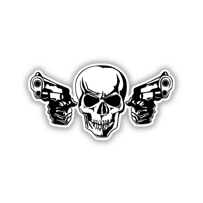 ARMED SKULL automotive badge with aggressive skull and dual gun design