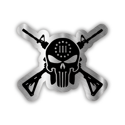 Gun N Skull engraved car badge with crossed rifles and tactical skull design