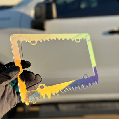 Reflective chameleon license plate frame with bold slime design